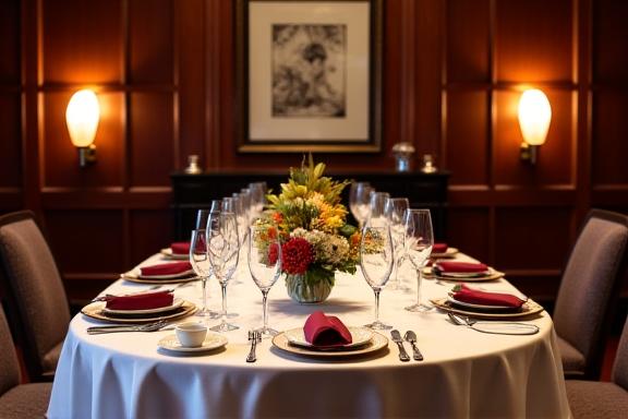 A beautifully set table in the private dining room at Hearthwood Inn.